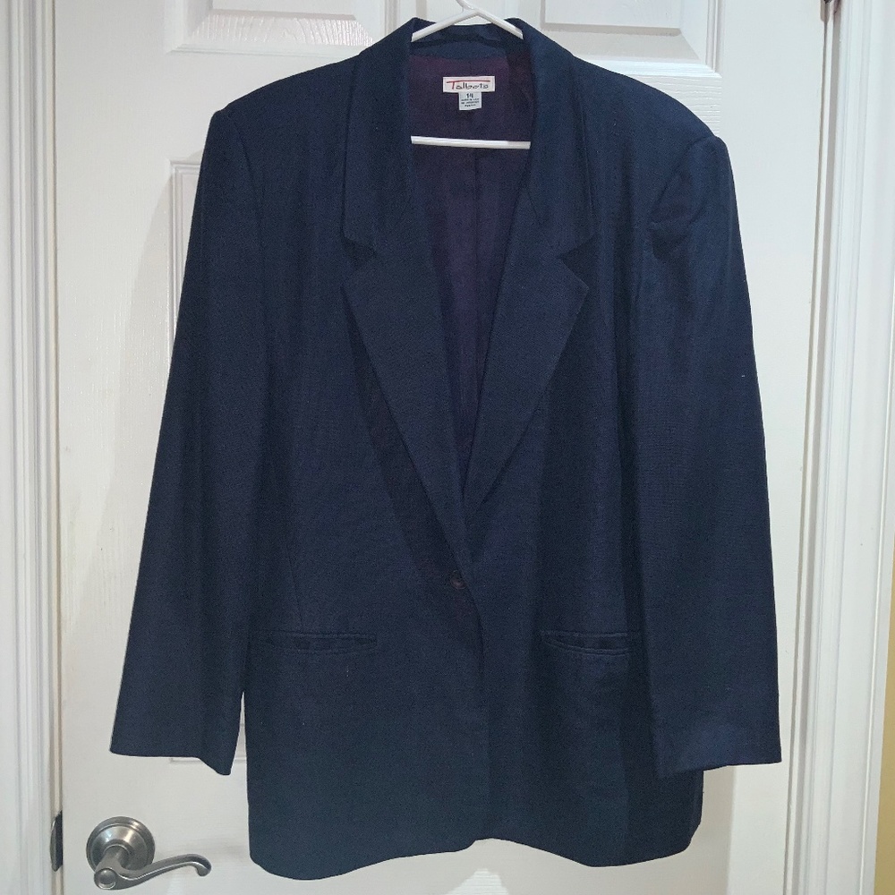 Talbots vintage navy blue silk blazer Sz 14 single button welt pockets lined msr